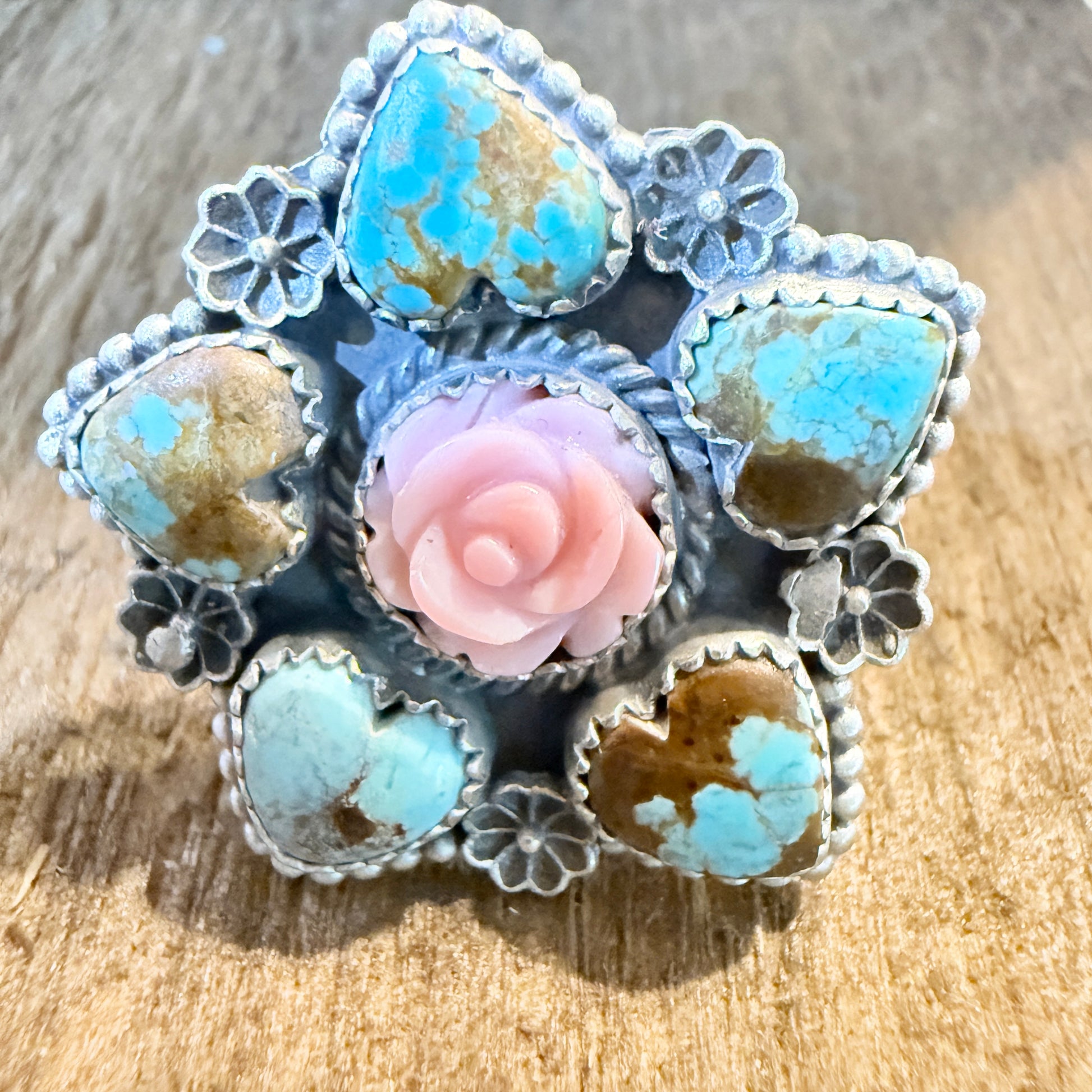 Mine Number 8 and Pink Conch Floral Cluster Adjustable Ring, Sterling Silver Wild West Boho