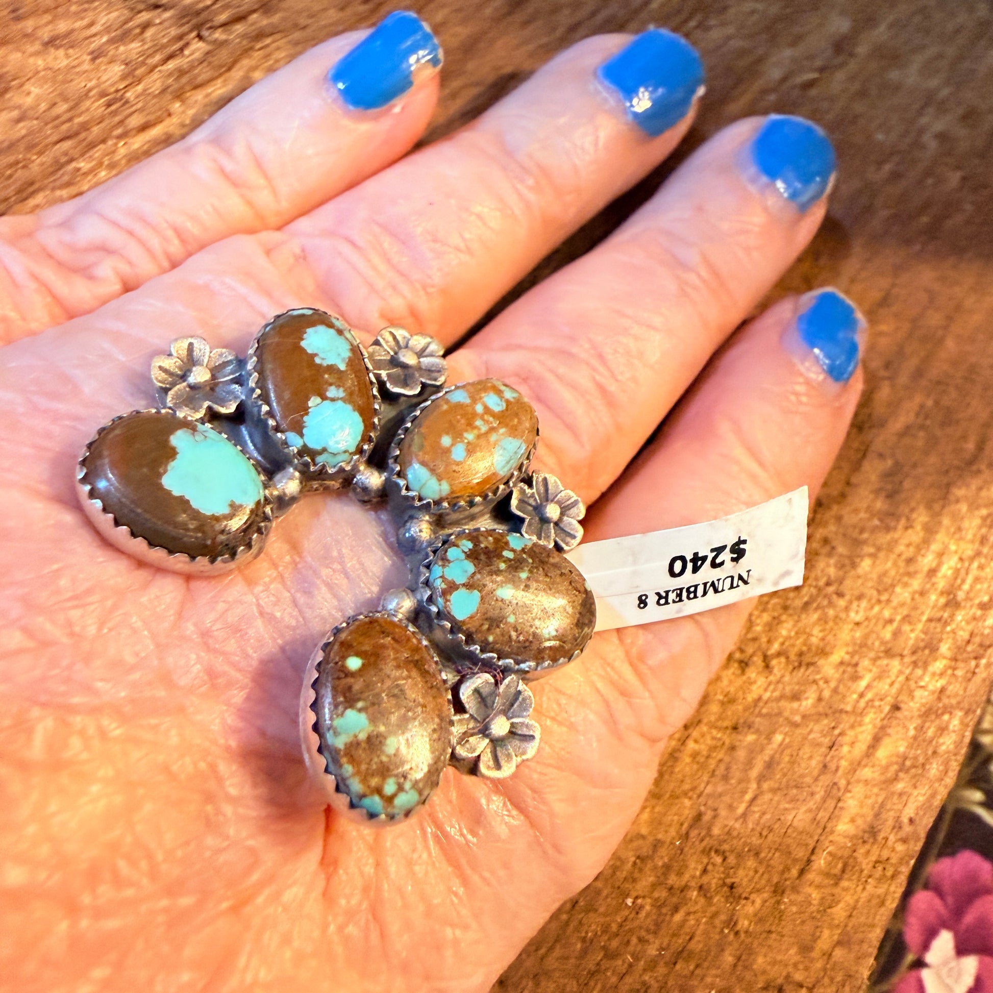 Mine Number 8 Turquoise Gemstones Naja Adjustable Ring, Sterling Silver Wild West Boho