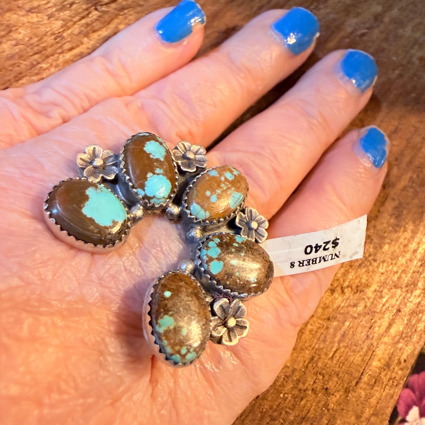 Mine Number 8 Turquoise Gemstones Naja Adjustable Ring, Sterling Silver Wild West Boho