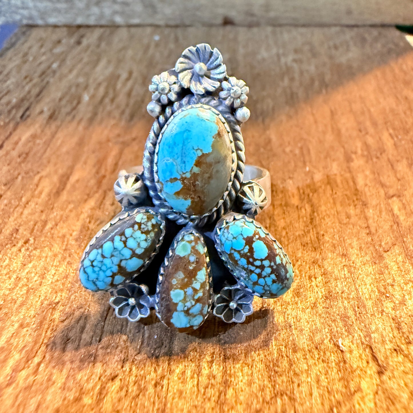 Mine Number 8 Turquoise Gemstone Floral Adjustable Cluster Ring, Sterling Silver Wild West Boho