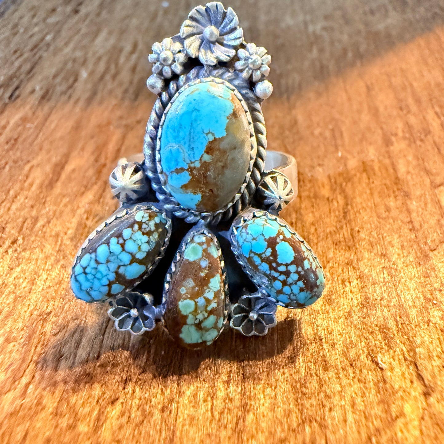 Mine Number 8 Turquoise Gemstone Floral Adjustable Cluster Ring, Sterling Silver Wild West Boho