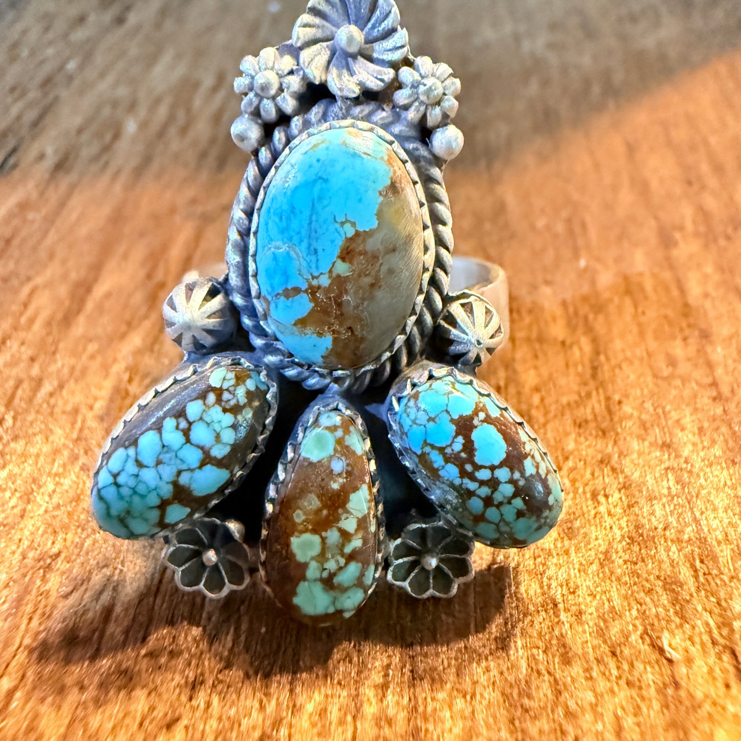 Mine Number 8 Turquoise Gemstone Floral Adjustable Cluster Ring, Sterling Silver Wild West Boho