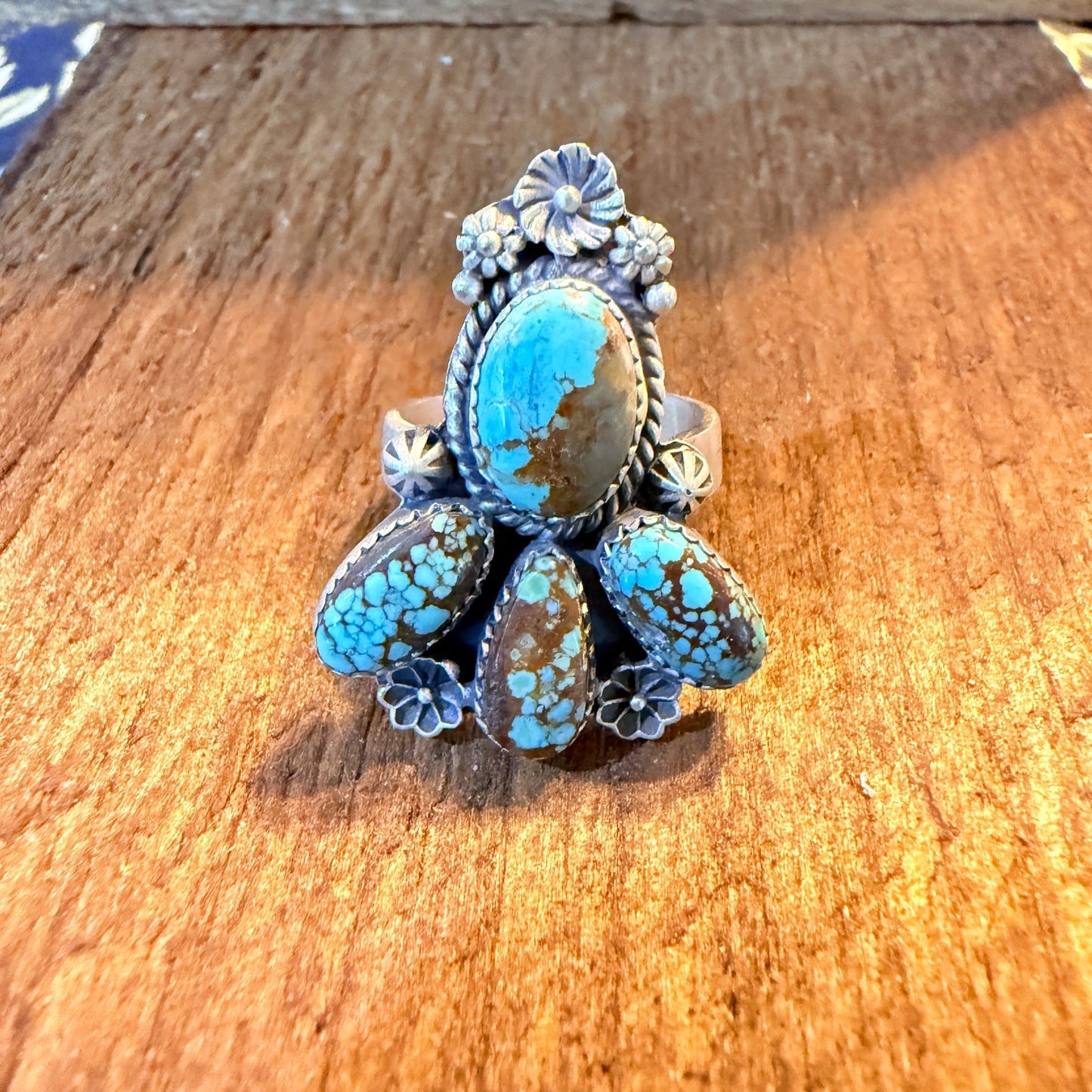 Mine Number 8 Turquoise Gemstone Floral Adjustable Cluster Ring, Sterling Silver Wild West Boho