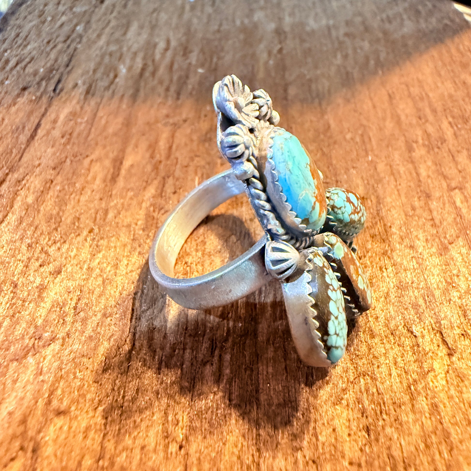 Mine Number 8 Turquoise Gemstone Floral Adjustable Cluster Ring, Sterling Silver Wild West Boho
