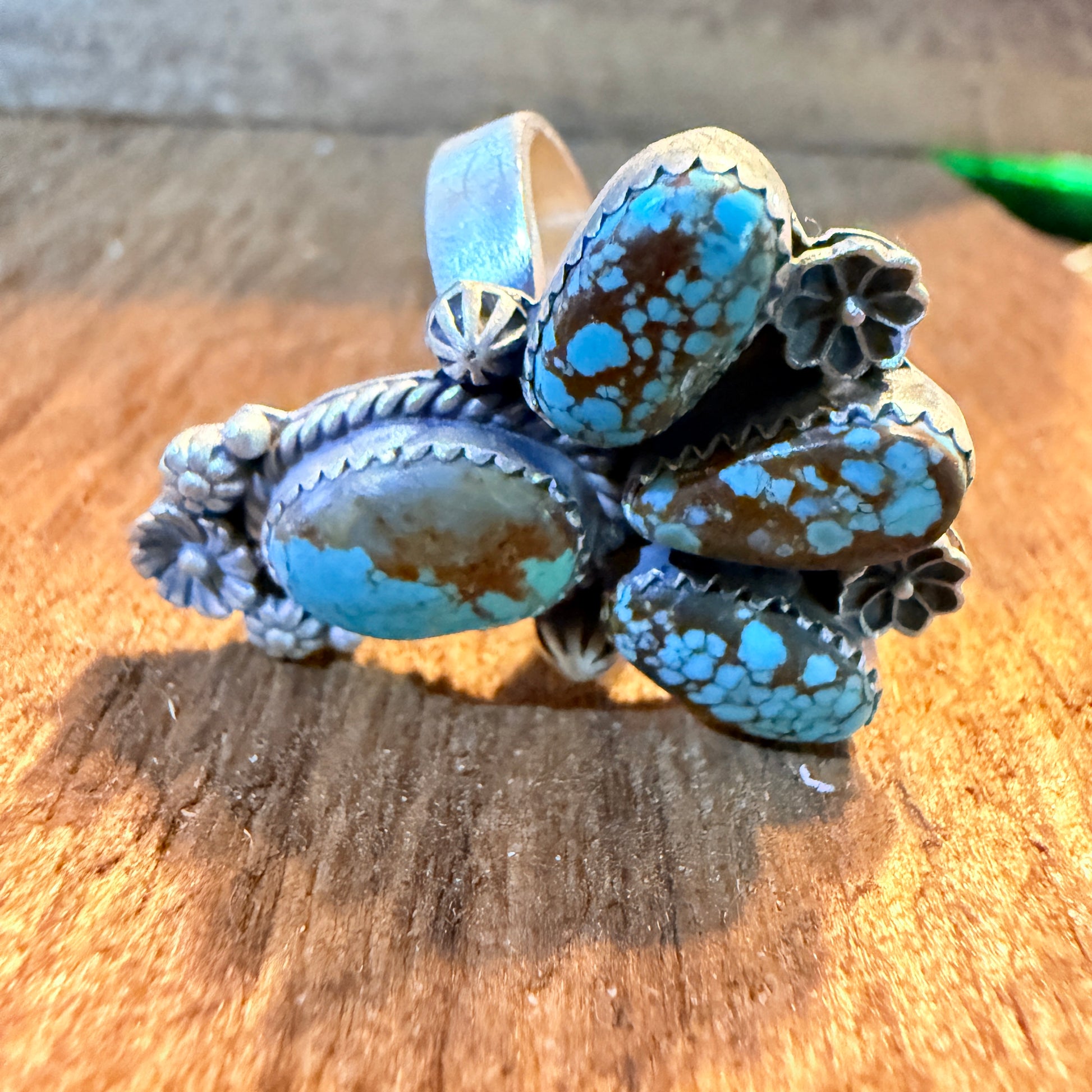 Mine Number 8 Turquoise Gemstone Floral Adjustable Cluster Ring, Sterling Silver Wild West Boho