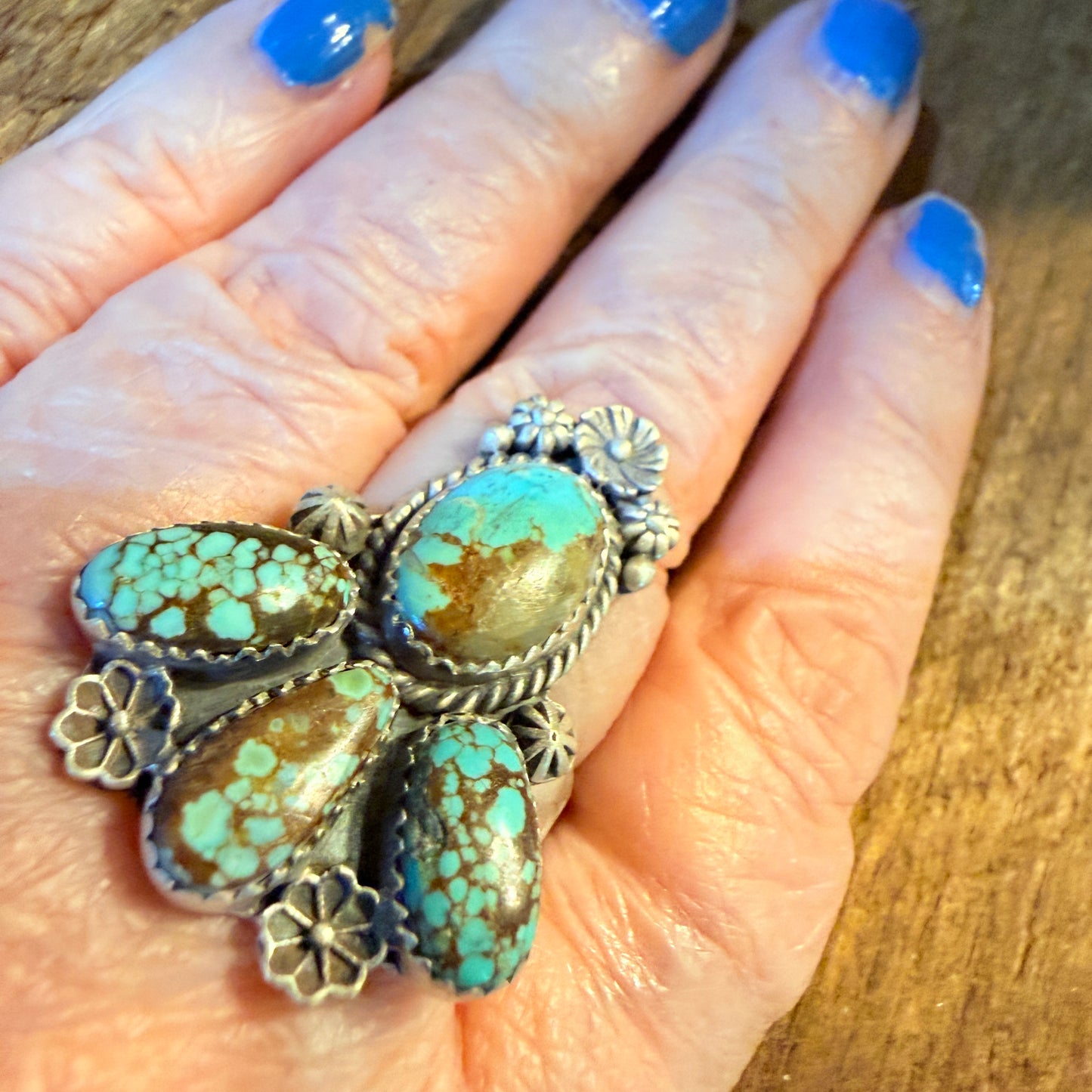 Mine Number 8 Turquoise Gemstone Floral Adjustable Cluster Ring, Sterling Silver Wild West Boho