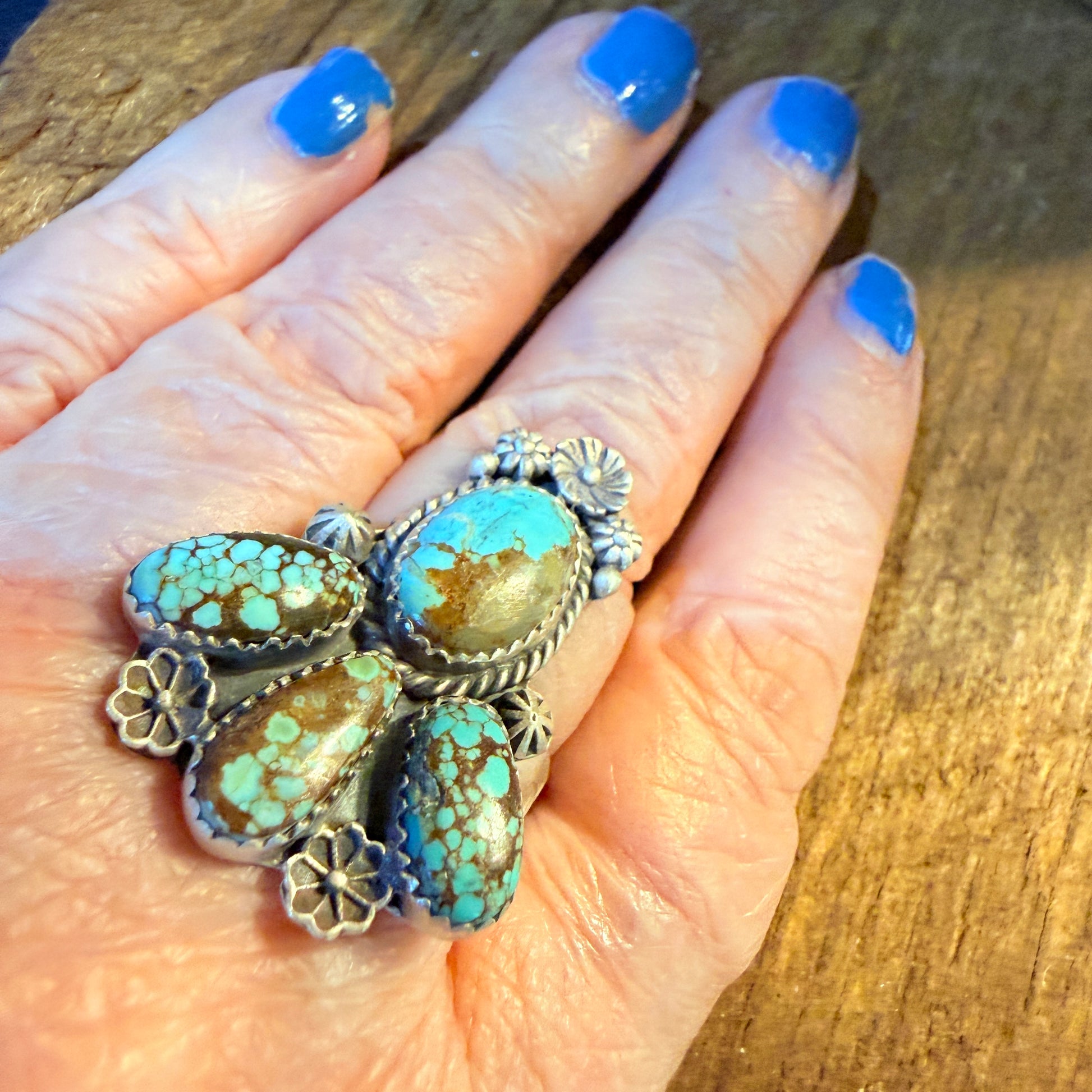 Mine Number 8 Turquoise Gemstone Floral Adjustable Cluster Ring, Sterling Silver Wild West Boho