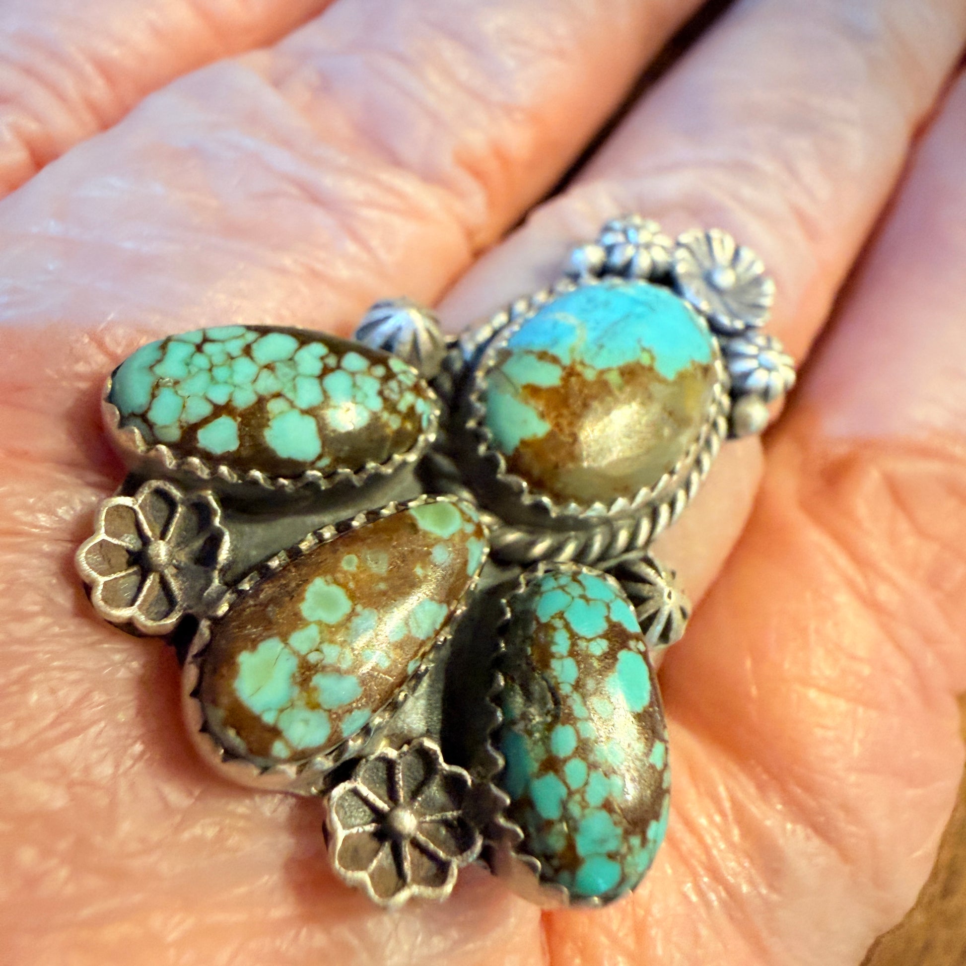 Mine Number 8 Turquoise Gemstone Floral Adjustable Cluster Ring, Sterling Silver Wild West Boho