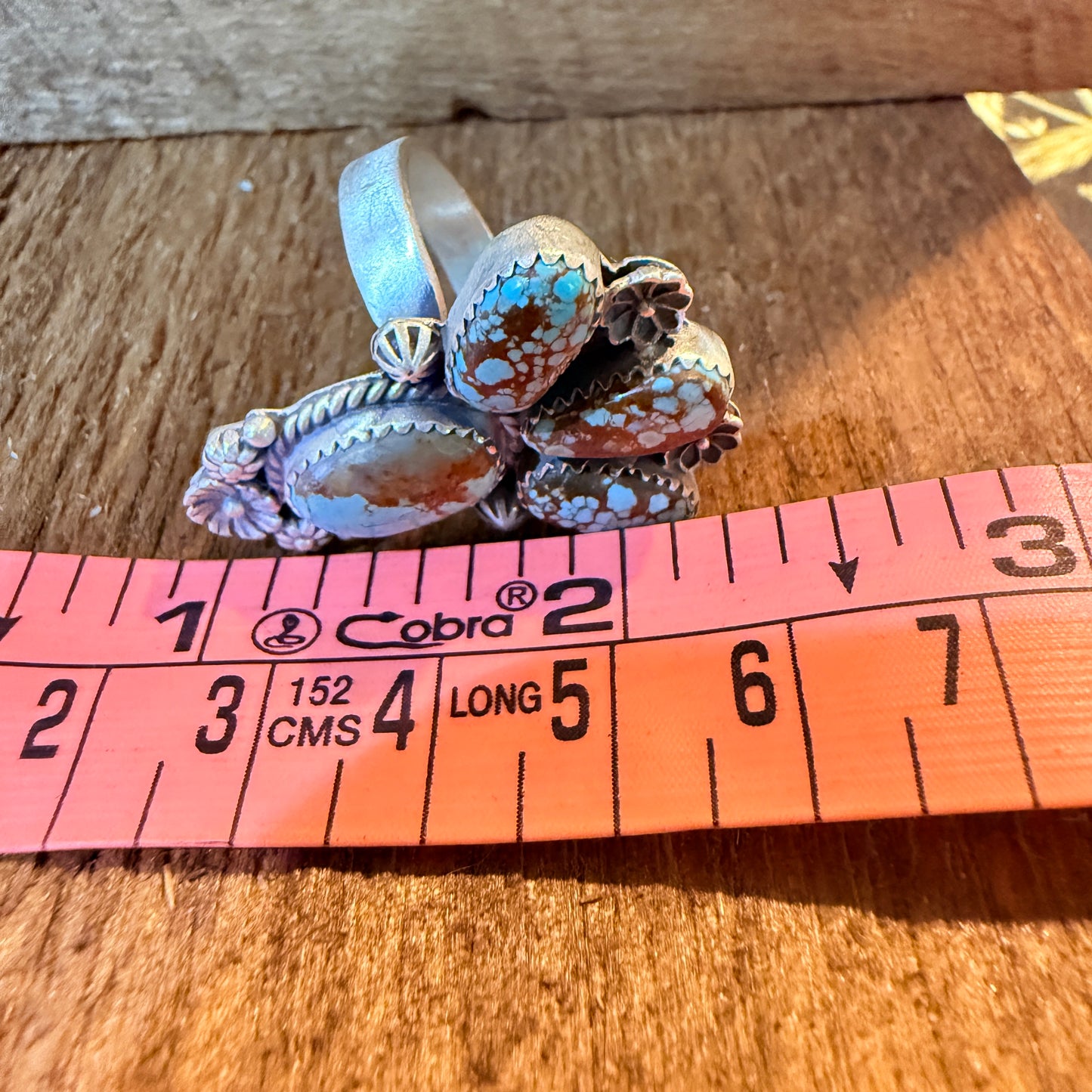 Mine Number 8 Turquoise Gemstone Floral Adjustable Cluster Ring, Sterling Silver Wild West Boho