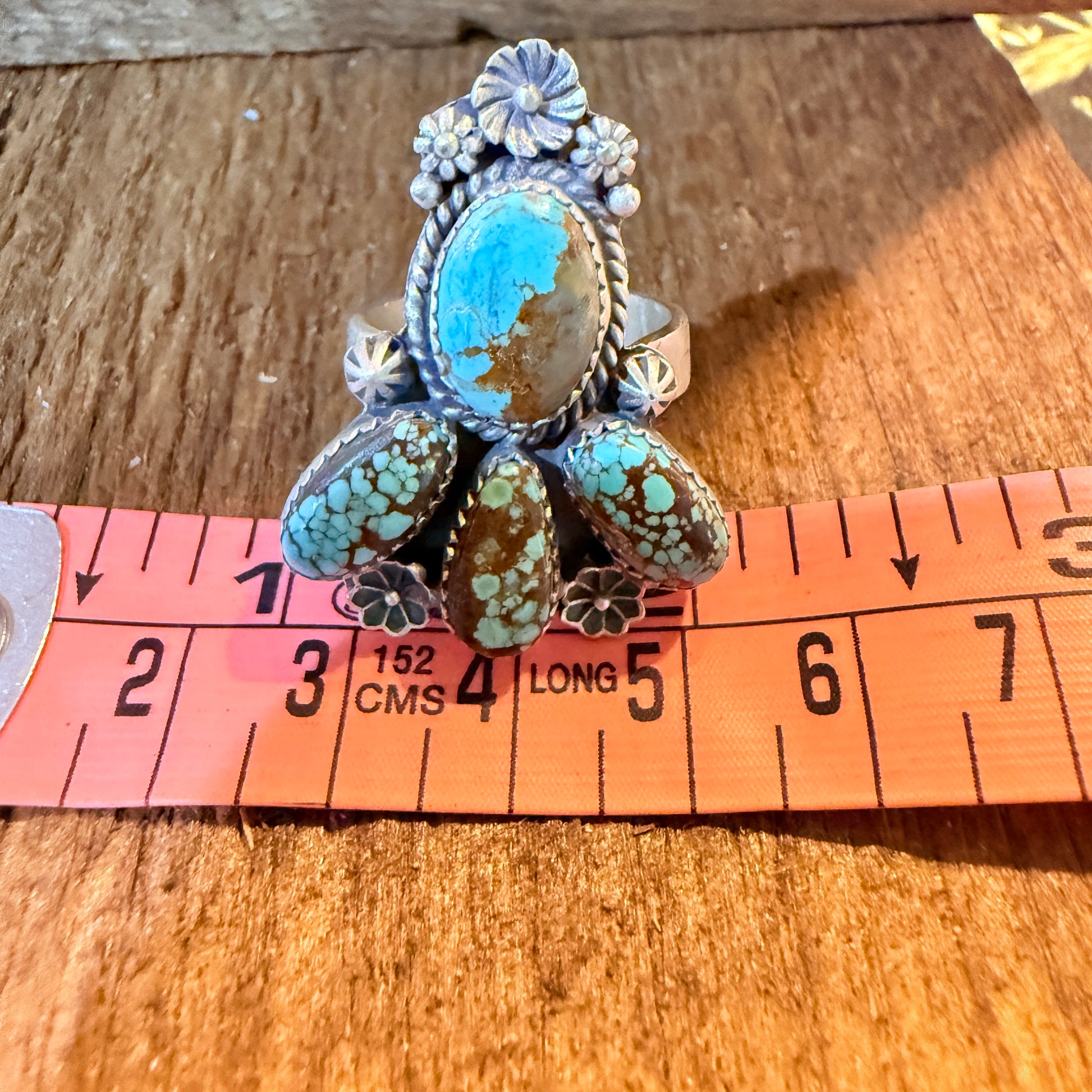 Mine Number 8 Turquoise Gemstone Floral Adjustable Cluster Ring, Sterling Silver Wild West Boho