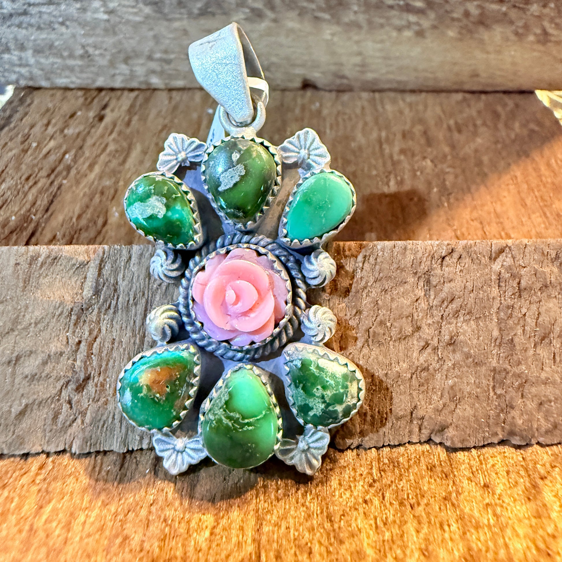 Sonoran Gold and Pink Conch Rose 2 Inch Cluster Pendant in Sterling Silver Wild West Boho