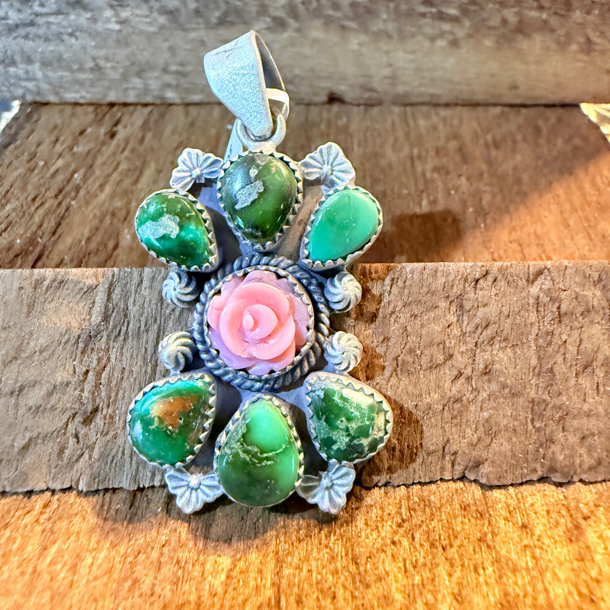 Sonoran Gold and Pink Conch Rose 2 Inch Cluster Pendant in Sterling Silver Wild West Boho