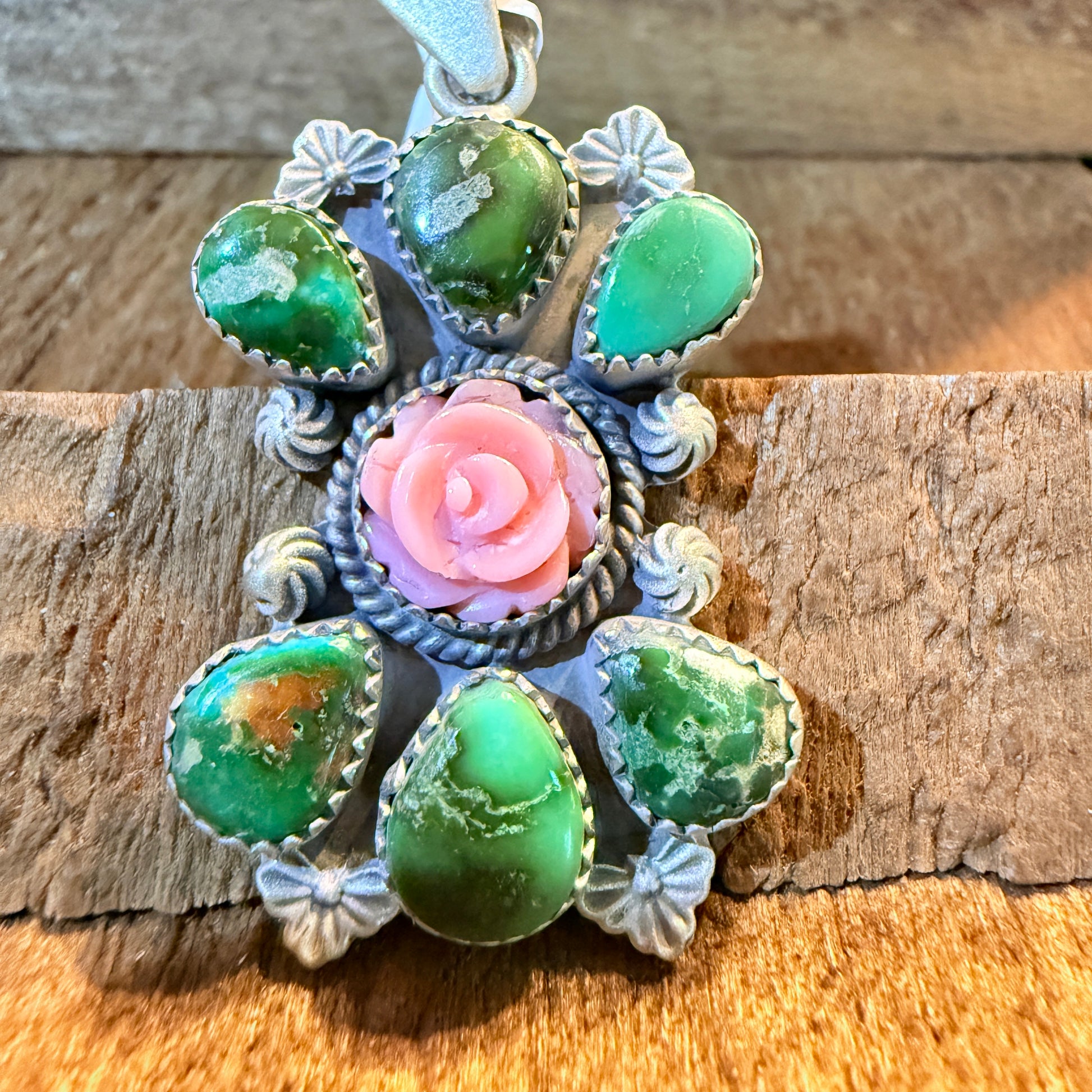 Sonoran Gold and Pink Conch Rose 2 Inch Cluster Pendant in Sterling Silver Wild West Boho
