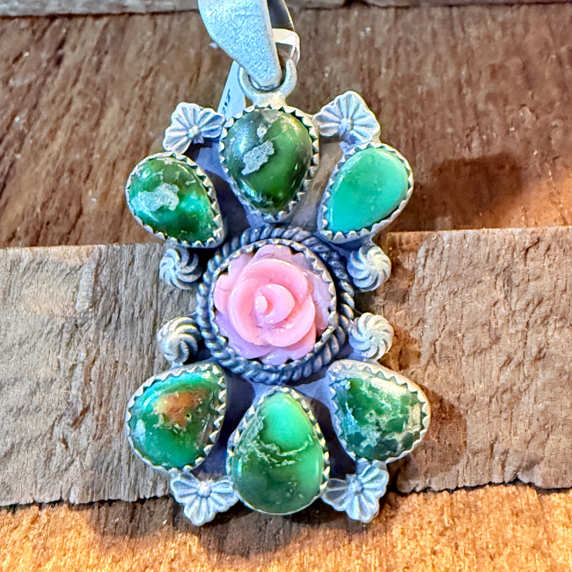 Sonoran Gold and Pink Conch Rose 2 Inch Cluster Pendant in Sterling Silver Wild West Boho