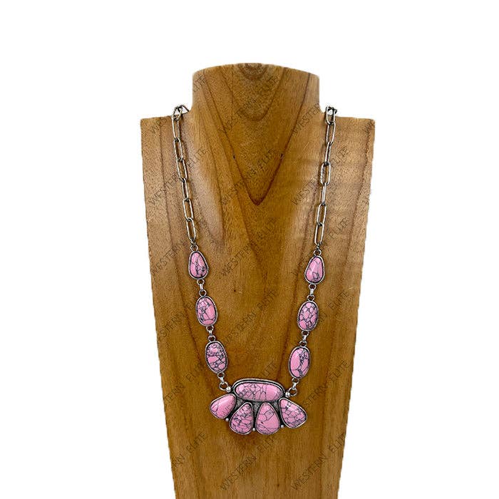 Handcrafted Boho Faux Light Pink Stone Animal Claw Necklace On Silver Chain 29 Inches