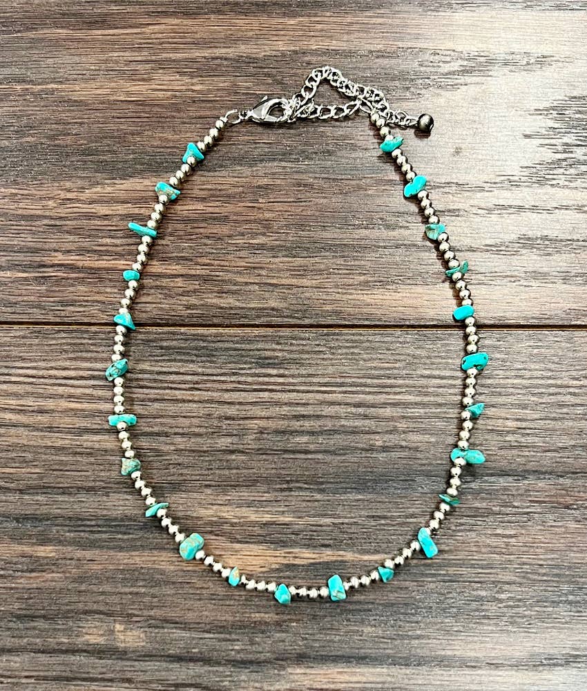 Handmade Navajo Style Turquoise Chip Necklace With Silver Tone Beads 16 To 21 Inches