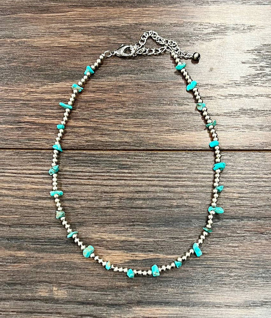 Handmade Navajo Style Turquoise Chip Necklace With Silver Tone Beads 16 To 21 Inches