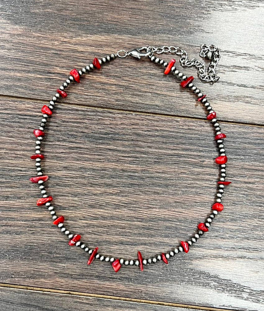 Handmade Navajo Bead and Coral Chip Stone Necklace 16 to 21 Inches Long