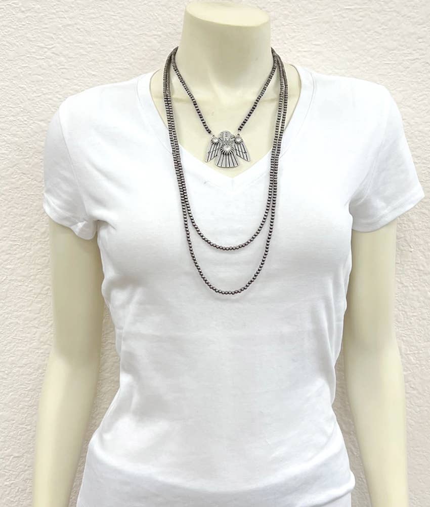 Handmade Thunderbird Necklace Three Strand 4mm Navajo Beads
