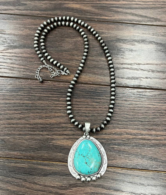 Navajo Natural Turquoise Faux Silver Pearl Necklace