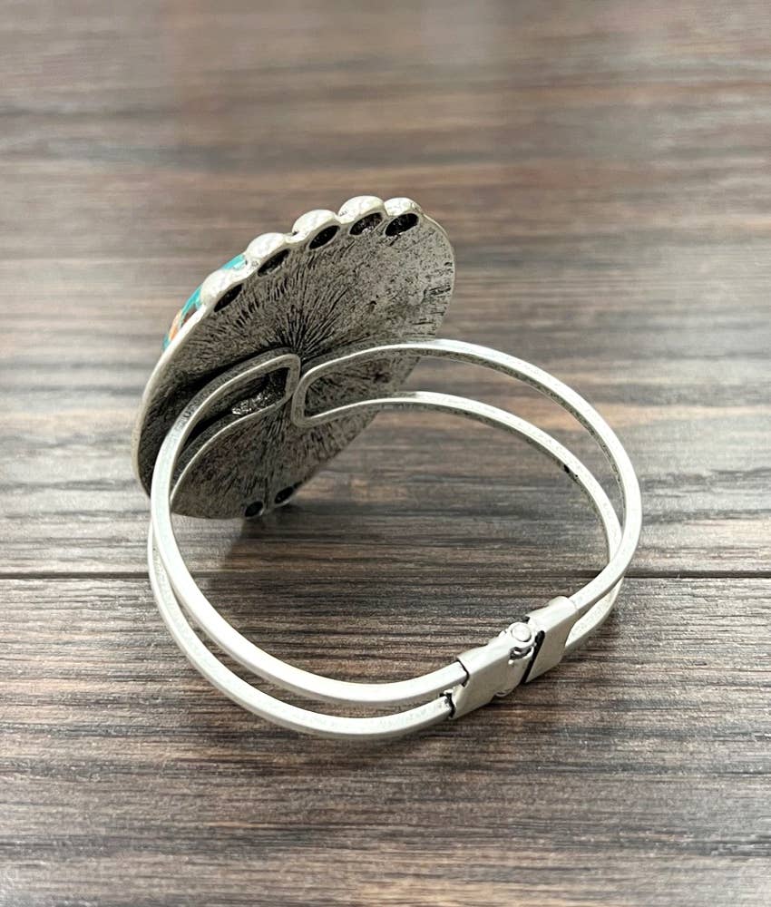 Navajo Natural Gemstone Brass Cuff Bracelet Antique Silver Plate