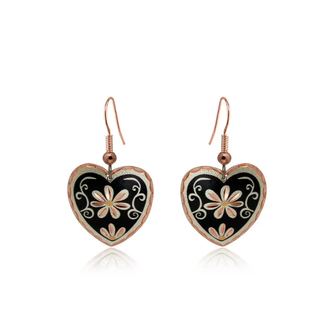 Handcrafted Floral Heart-Shaped Earrings, Boho Flower Black Wire Drop Earrings, Gift Box - Silver Elegant
