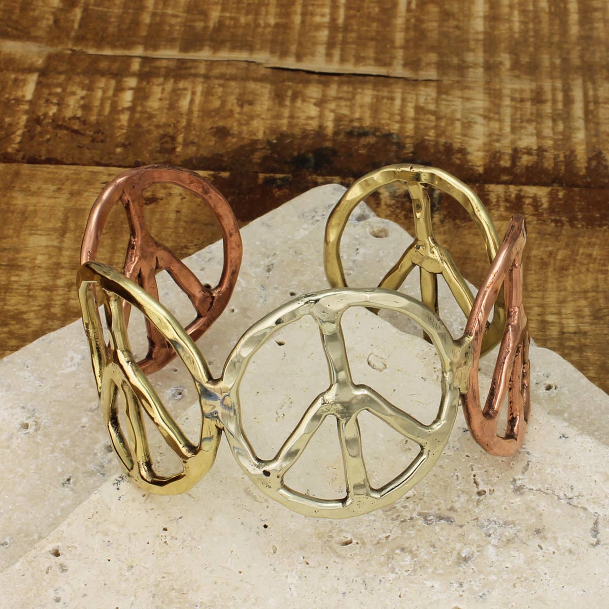 Woodstock Vibes Mixed Metal Peace Sign Bracelet Hammered Boho Cuff