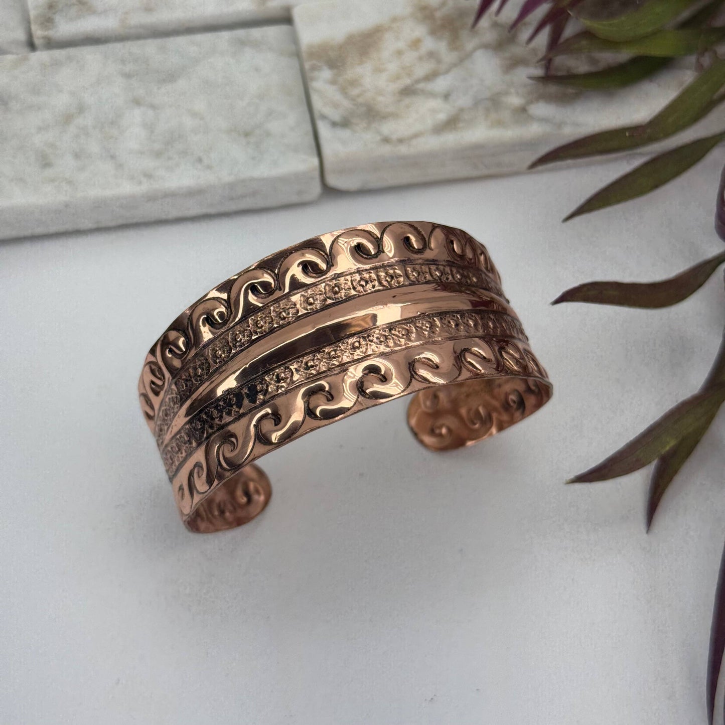 Ocean Wave Copper Cuff With Scrollwork Handcrafted Jewelry