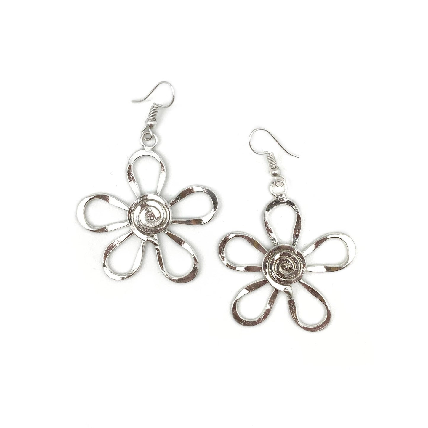 Silver Plated Earrings Spiral Center Flower Handcrafted Disco Vibes Jewelry