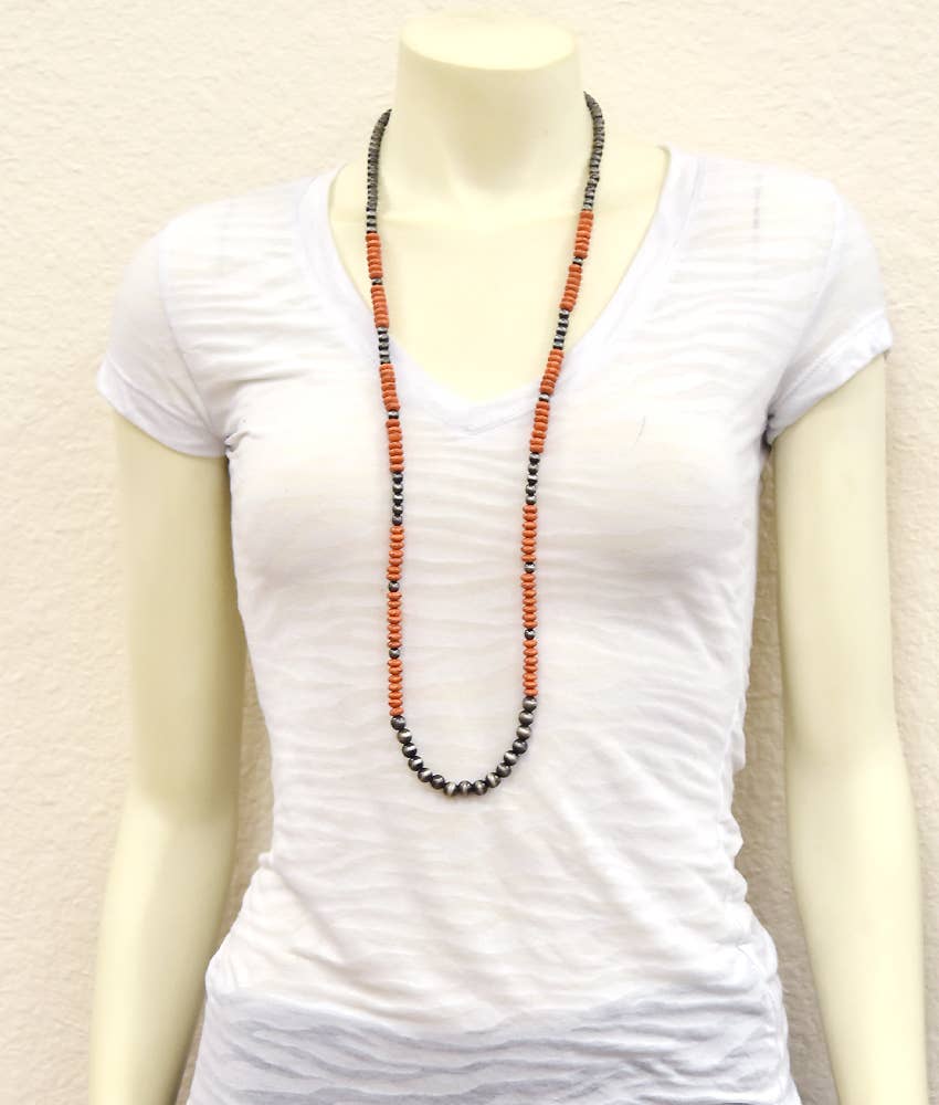 Handmade Navajo Style Orange & SilverBead Necklace 36 to 41 Inch Extra Long