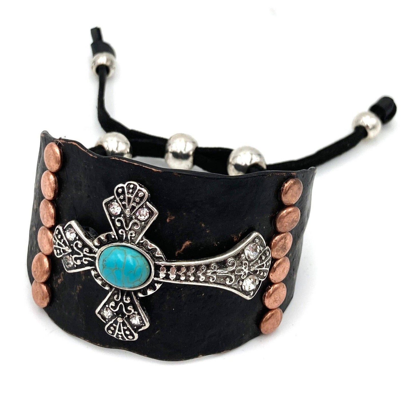 Cross Turquoise Rhinestone Beaded Western Bracelet Cuff With Adjustable Leather Straps In Patina Turquoise Blue And Dark Brown