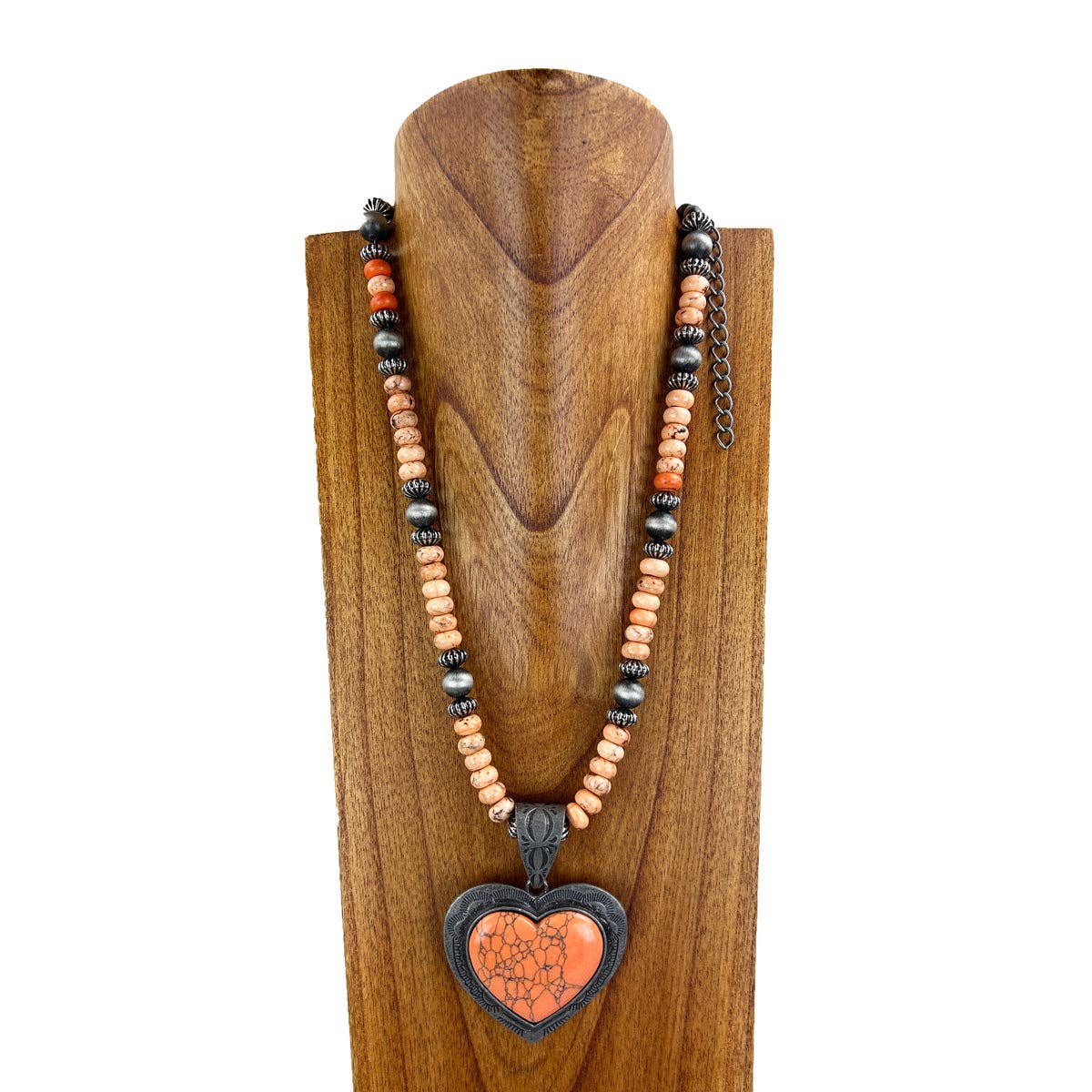 Orange Stone Heart Pendant Necklace With Navajo Pearls 26 Inch