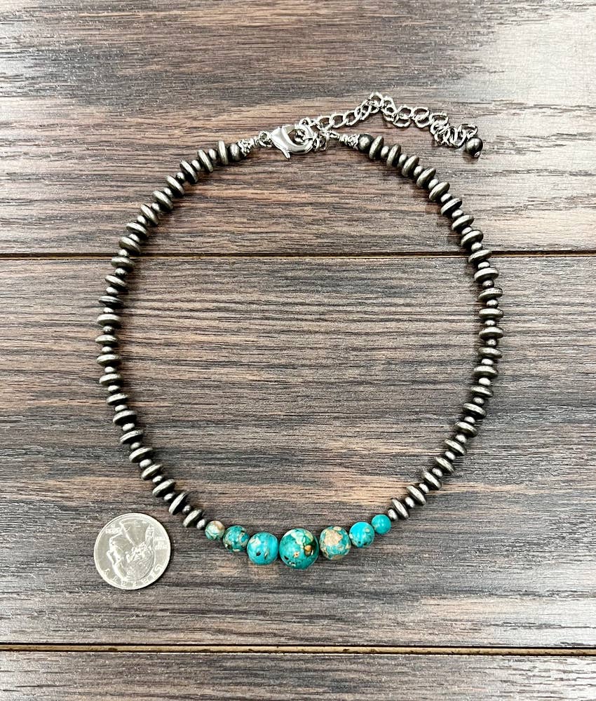 Handmade Navajo Natural Gemstone Choker Necklace, Faux Silver Pearl Beads