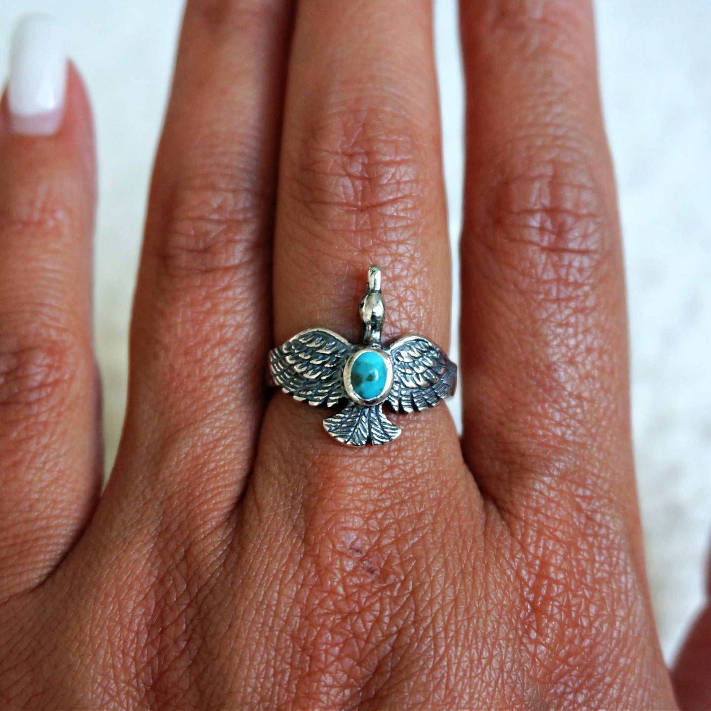 Boho Chic Native American Guardian Hawk Turquoise Ring: Size 7, 8,10, Gift Box