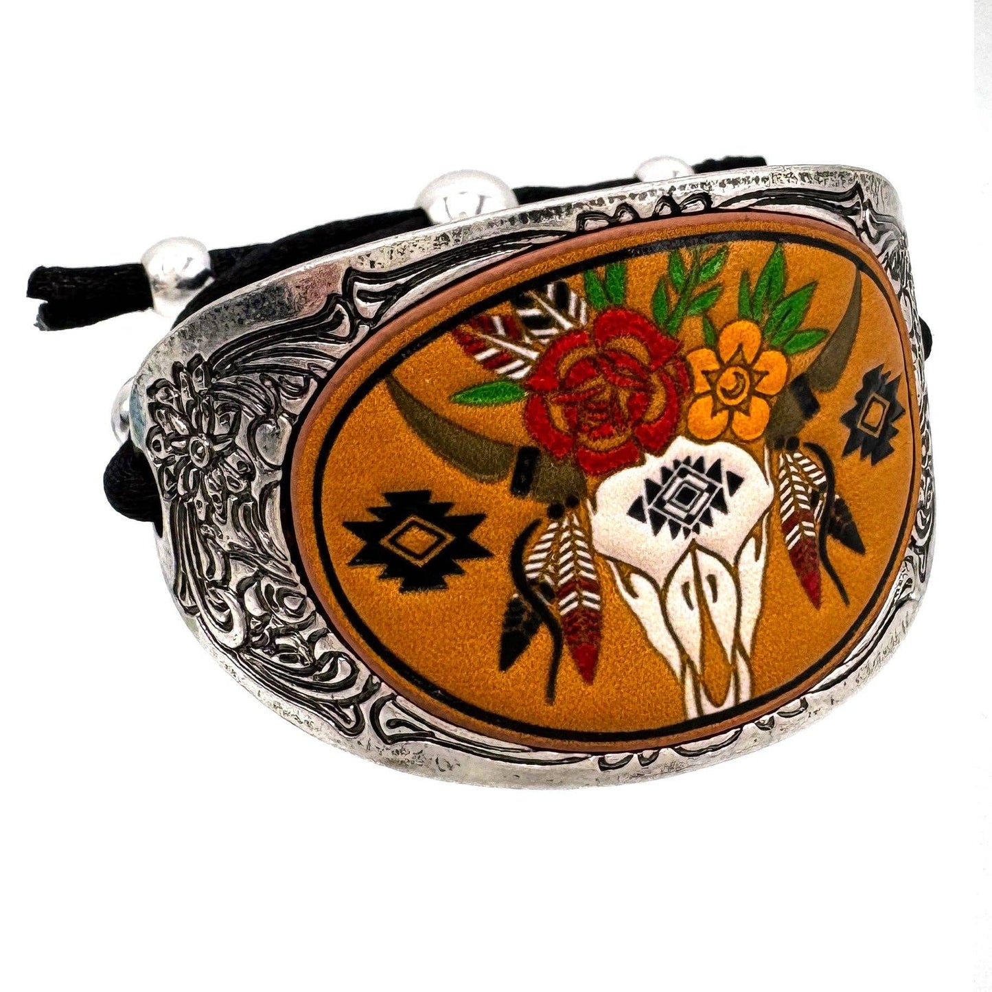 Western Longhorn Skull Leather Carved Cuff Bracelet for Cowboys and Cowgirls