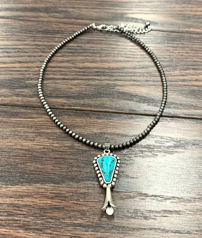 Handmade Squash Blossom Turquoise 4mm Necklace With Navajo Style Bead Pendant
