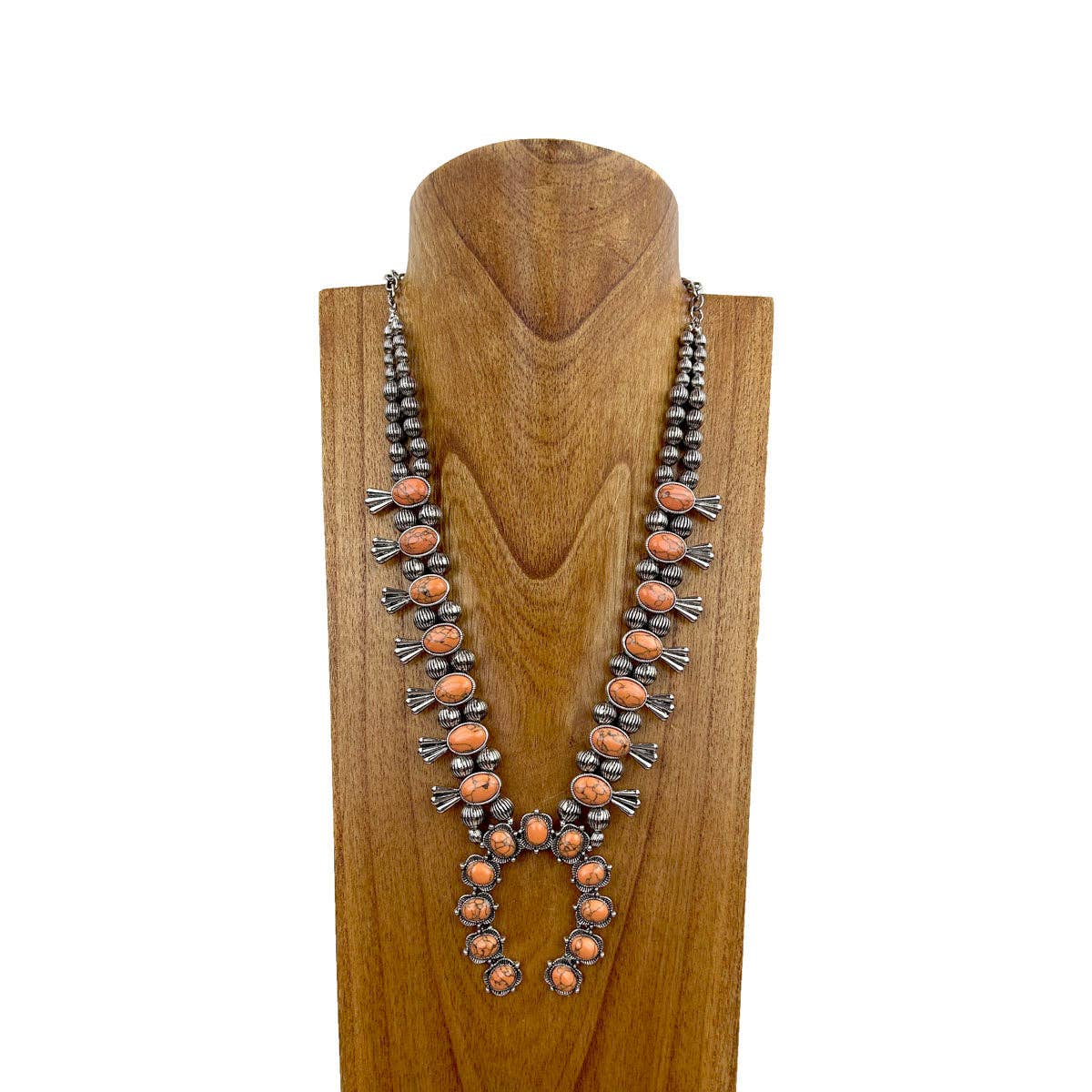 Orange Stone Squash Blossom Necklace, Faux Silver Pearl Beads