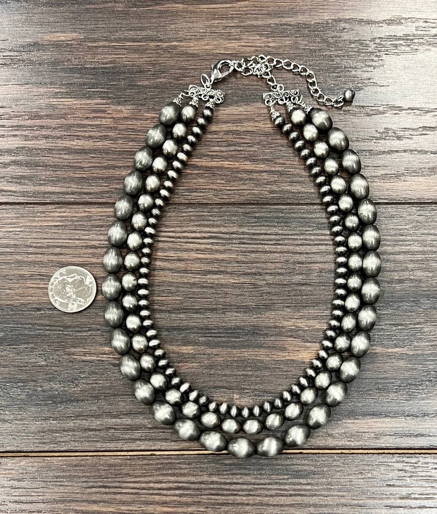 Handmade Three Strand Oval And Round Navajo Bead Necklace