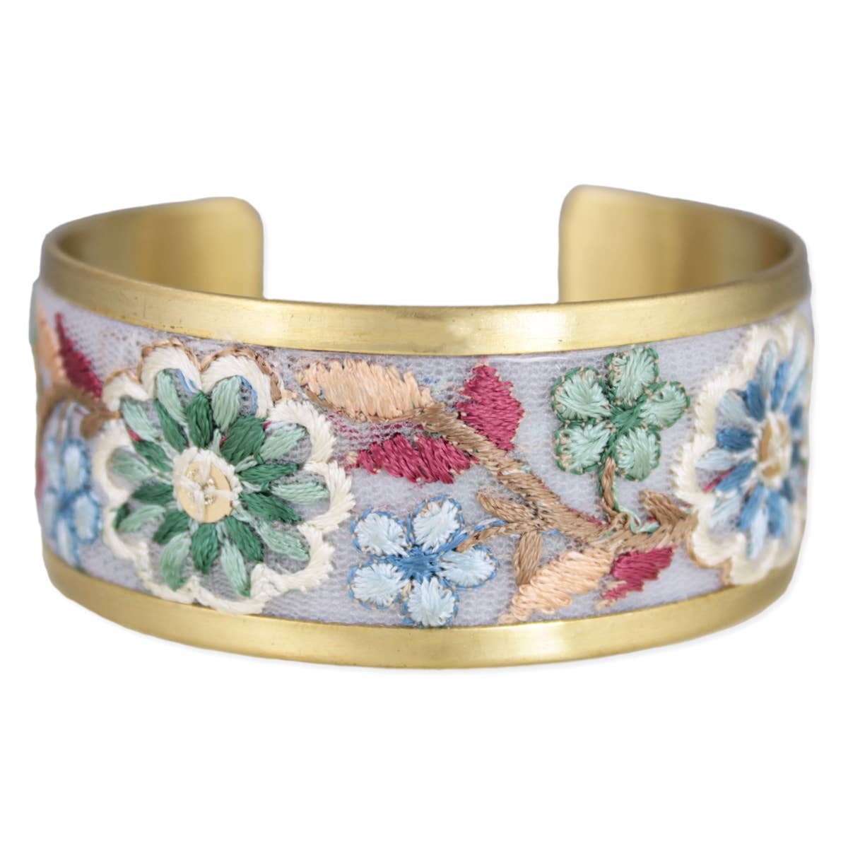 Pastel Blue And Mint Embroidered Fabric Cuff Bracelet Gold Edge