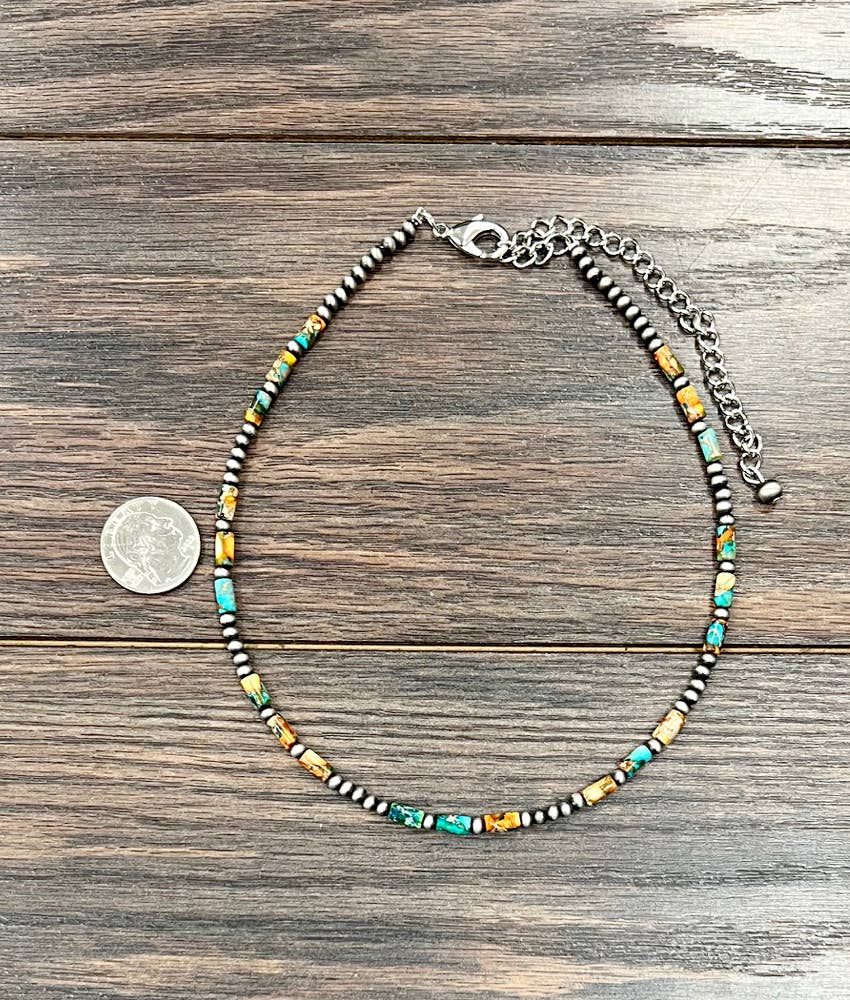 Handmade Navajo Style Bead Necklace With Cylindrical Multicolor Gemstone Beads