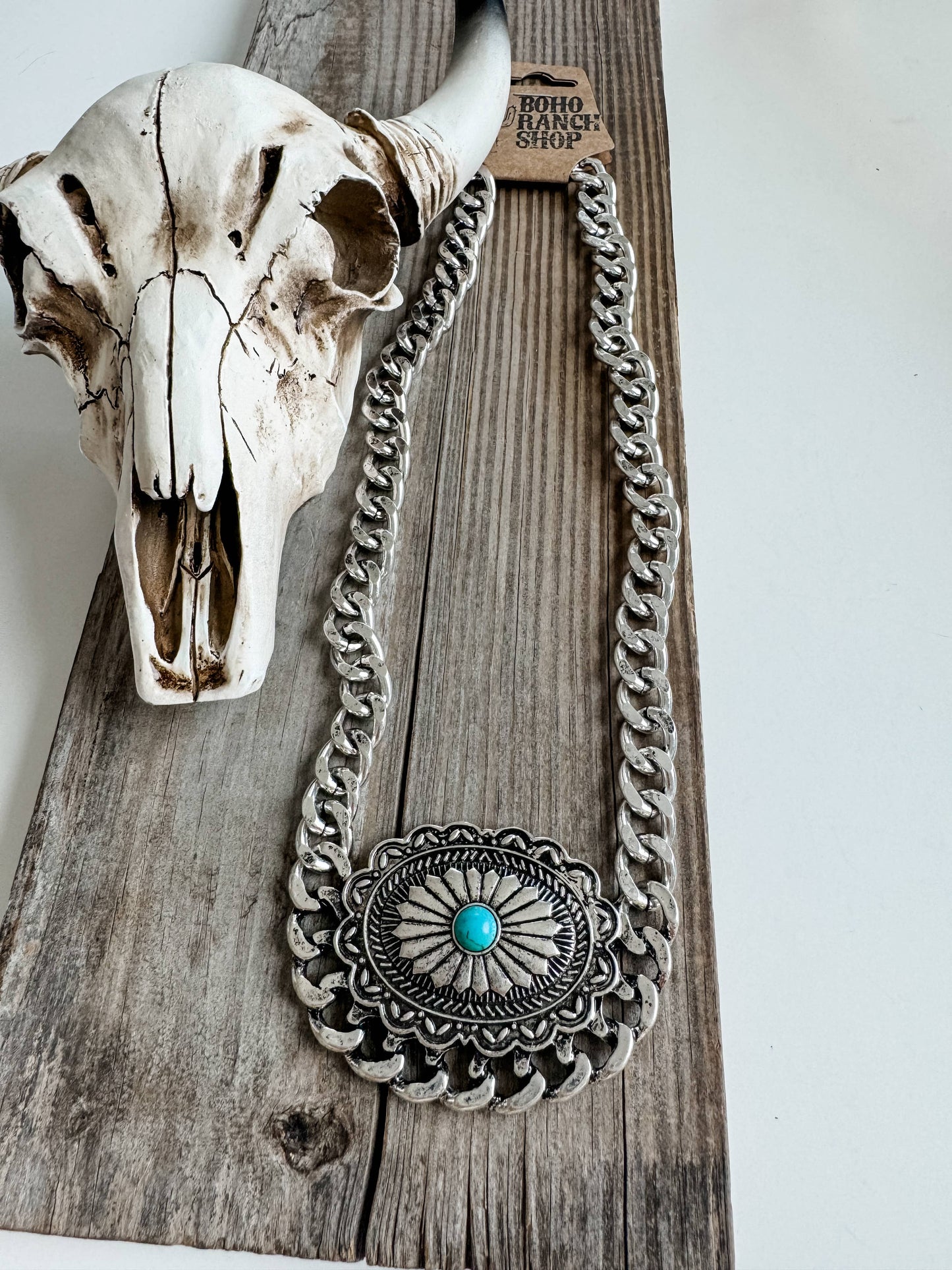 Western Concho Chain Necklace with Extender and Pendant