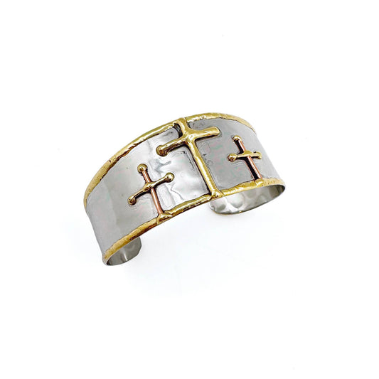 Mixed Metal Cuff Bracelet With Three Gold Crosses Copper Brass Stainless Steel
