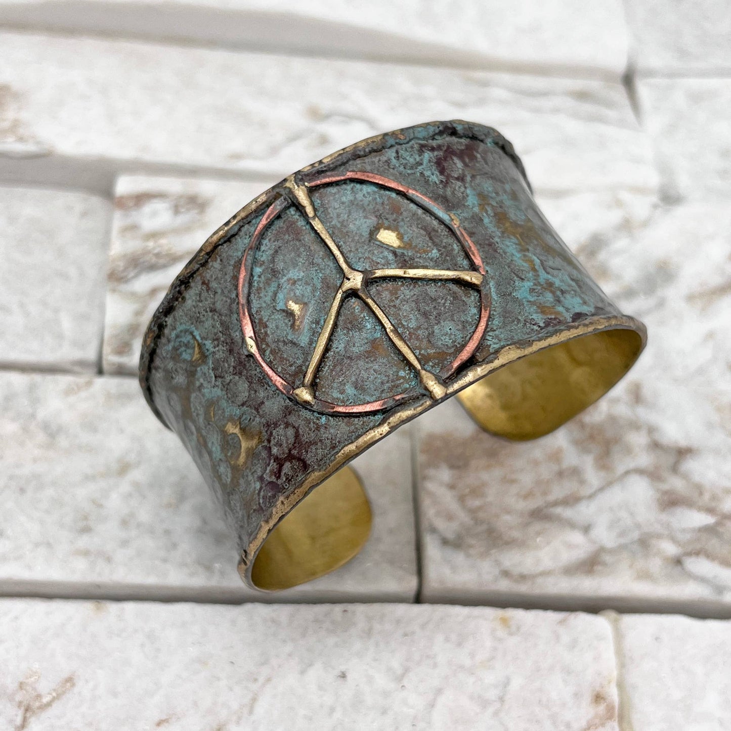Handcrafted Brass Patina Cuff Bracelet With Rustic Blue Peace Sign