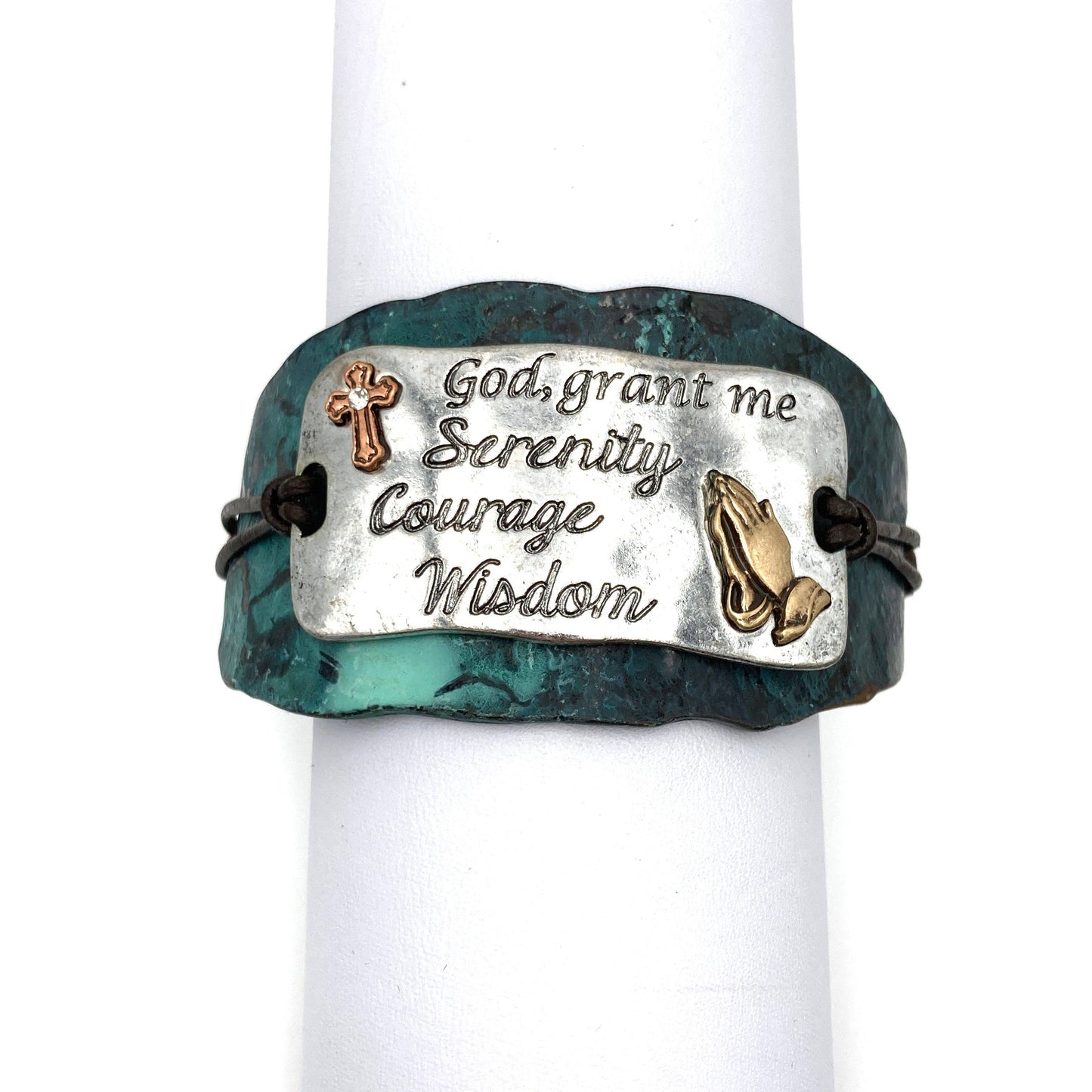 Serenity Prayer Bracelet Cuff in Patina with Copper Cross and Gold Praying Gesture on Silver Plate Leather Adjustable