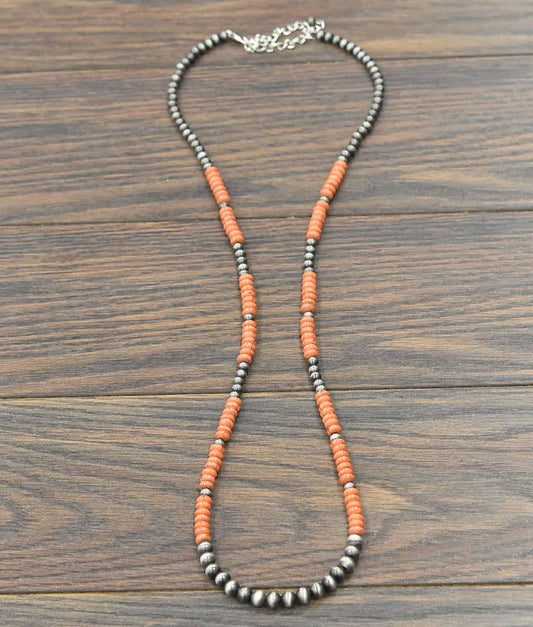 Handmade Navajo Style Orange & SilverBead Necklace 36 to 41 Inch Extra Long