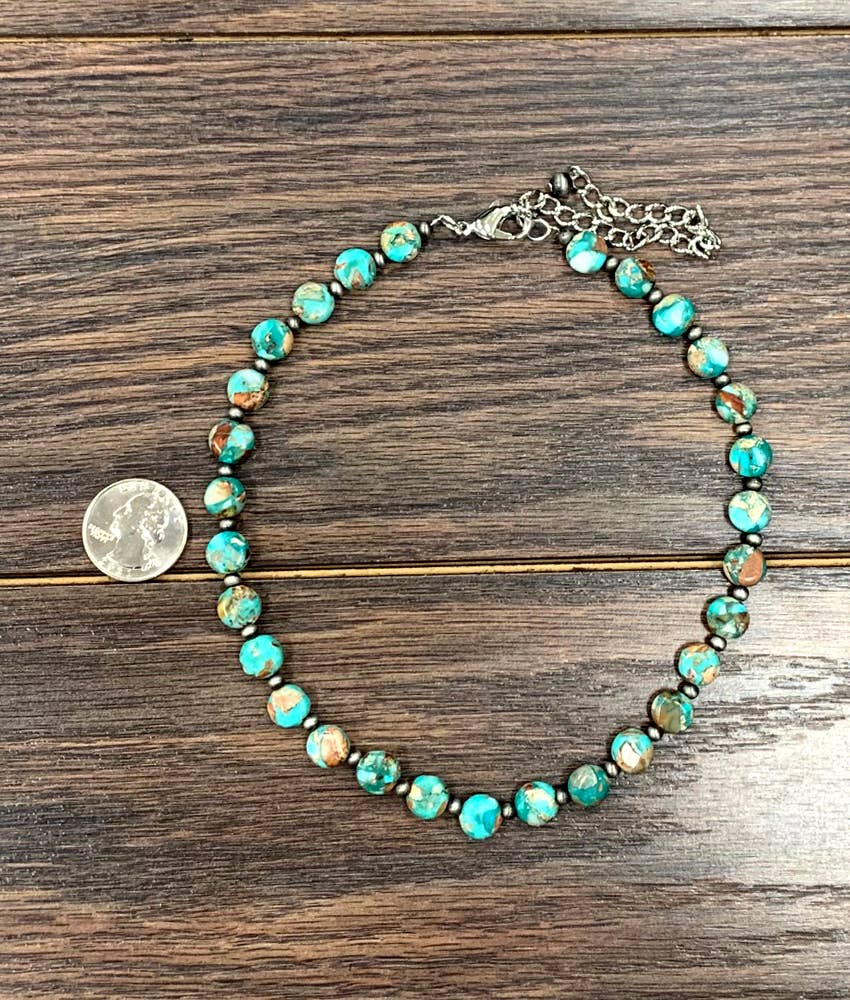Round Natural Turquoise Gemstone Choker Necklace Extender Handmade