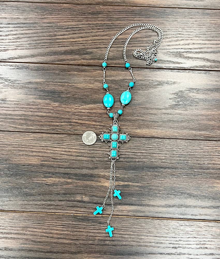 Turquoise Religion Cross Necklace With Tassel Extender 26 To 31 In