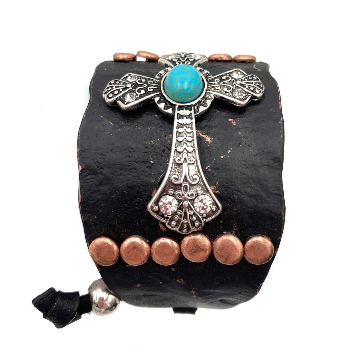Cross Turquoise Rhinestone Beaded Western Bracelet Cuff With Adjustable Leather Straps In Patina Turquoise Blue And Dark Brown