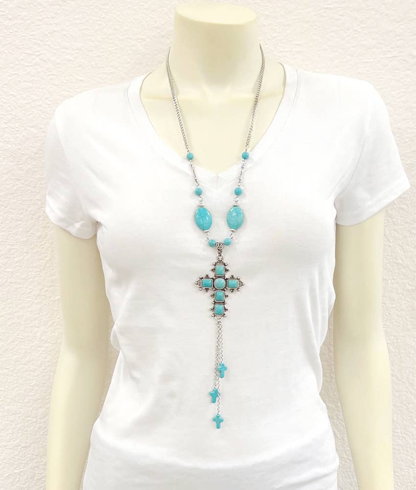 Turquoise Religion Cross Necklace With Tassel Extender 26 To 31 In