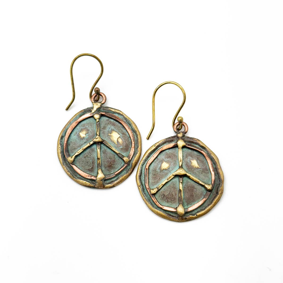Handcrafted Verdigris Peace Sign Brass Patina Dangle Earrings